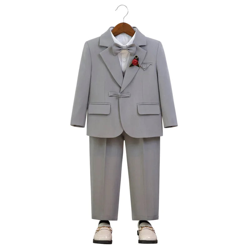 Gentleman Boys 5Pieces Formal Wedding Suit Set With Jacket Vest Pants Bowtie Brooch Kids Birthday Piano Performance Costume