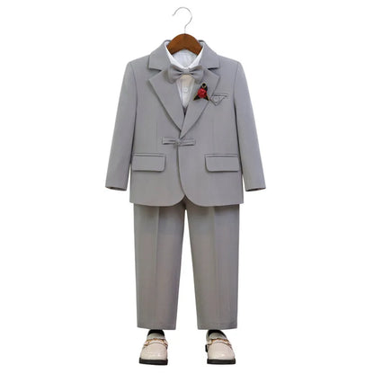 Gentleman Boys 5Pieces Formal Wedding Suit Set With Jacket Vest Pants Bowtie Brooch Kids Birthday Piano Performance Costume