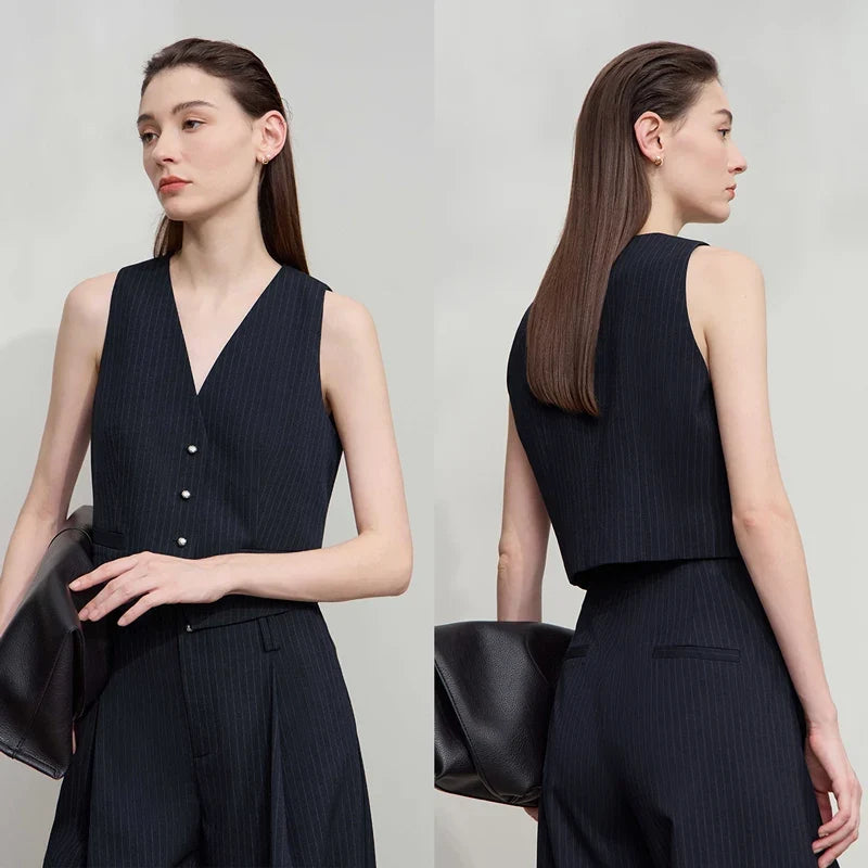 Women's Vest 2025 Autumn New V-neck Single Breasted Striped Sleeveless Vest Women Office Short Elegant Top Female 12523090