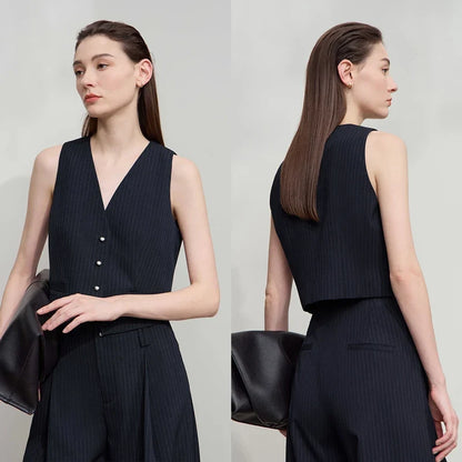 Women's Vest 2025 Autumn New V-neck Single Breasted Striped Sleeveless Vest Women Office Short Elegant Top Female 12523090