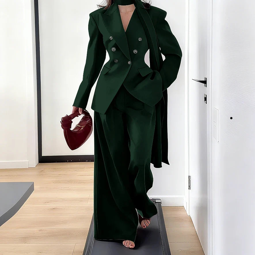 Elegant Women Double Breasted Suit Set Double Breasted Peaked Lapel Blazer+Pants Daily Slim Fit Office Evening Party Outerwears