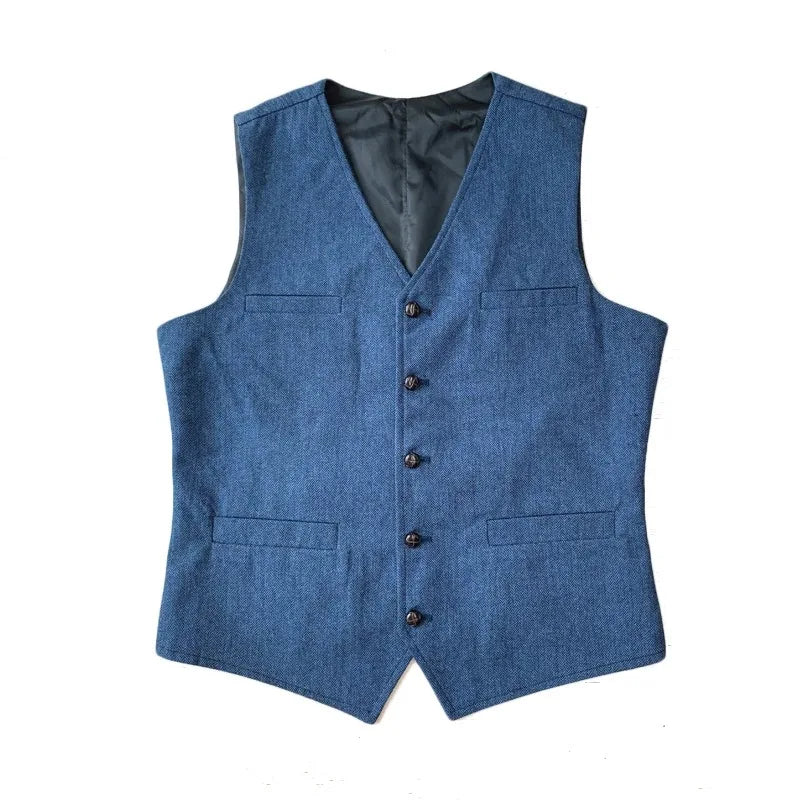 Men's Waistcoat Herringbone Wool Blend V-Neck Single Breasted Vest for Weddings and Smart Casual