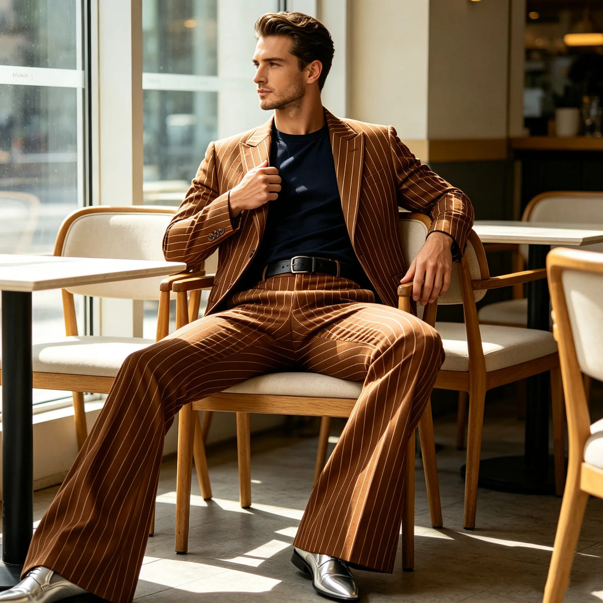 Men's Suit 2-Piece Slim Fit Pinstripe Blazer & High Waist Flared Pants for Business Casual and Formal Occasions