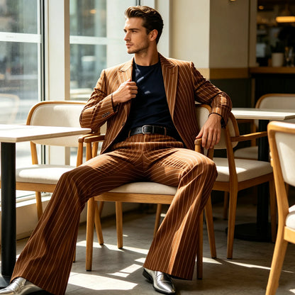 Men's Suit 2-Piece Slim Fit Pinstripe Blazer & High Waist Flared Pants for Business Casual and Formal Occasions