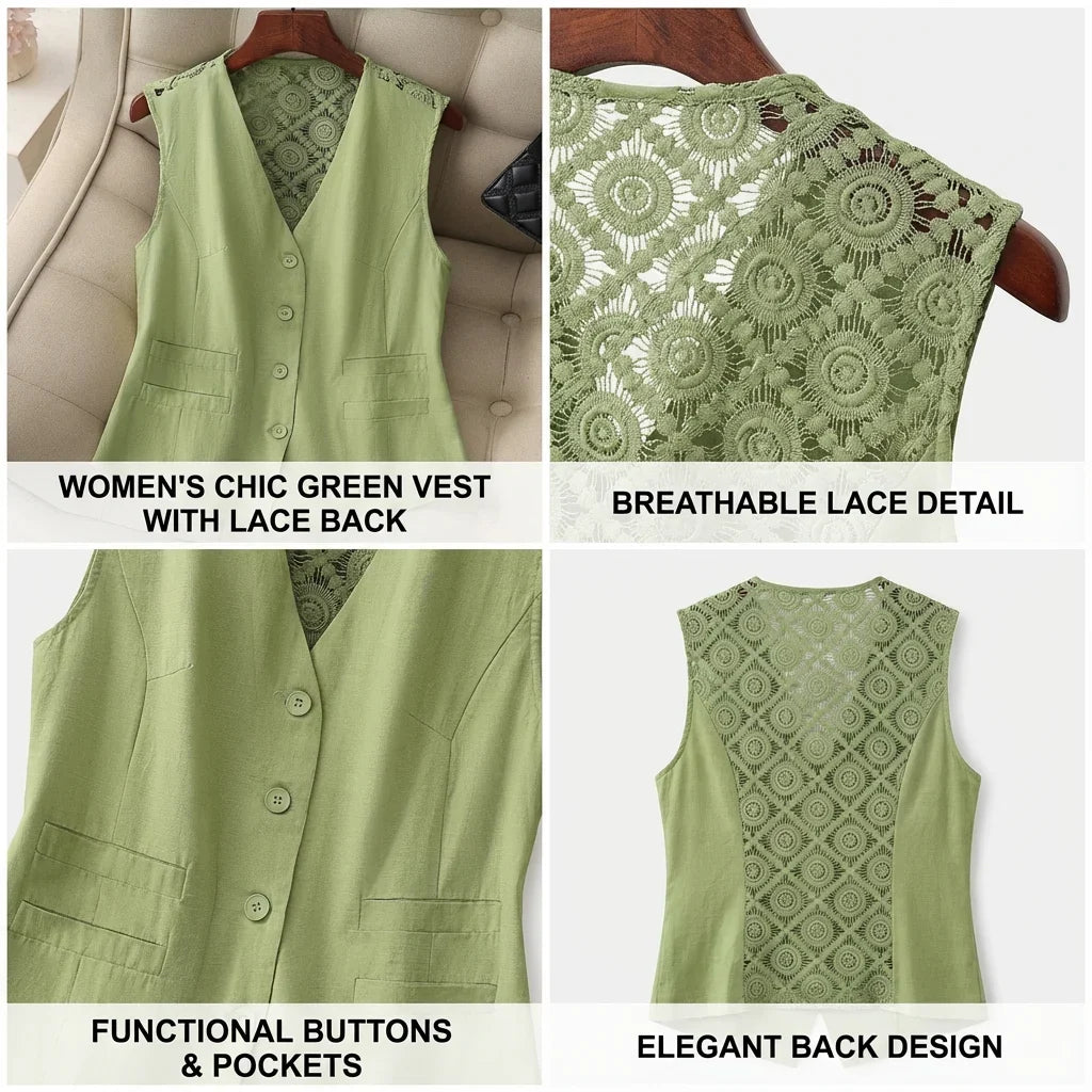 Women’s Summer Button Vest with Crochet Lace Back — Breathable, Linen-Style Texture, Deep V-Neck, Casual to Office Layer
