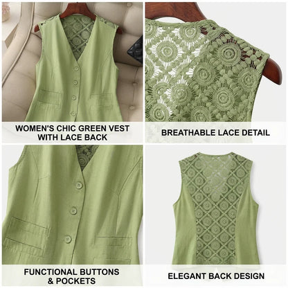 Women’s Summer Button Vest with Crochet Lace Back — Breathable, Linen-Style Texture, Deep V-Neck, Casual to Office Layer