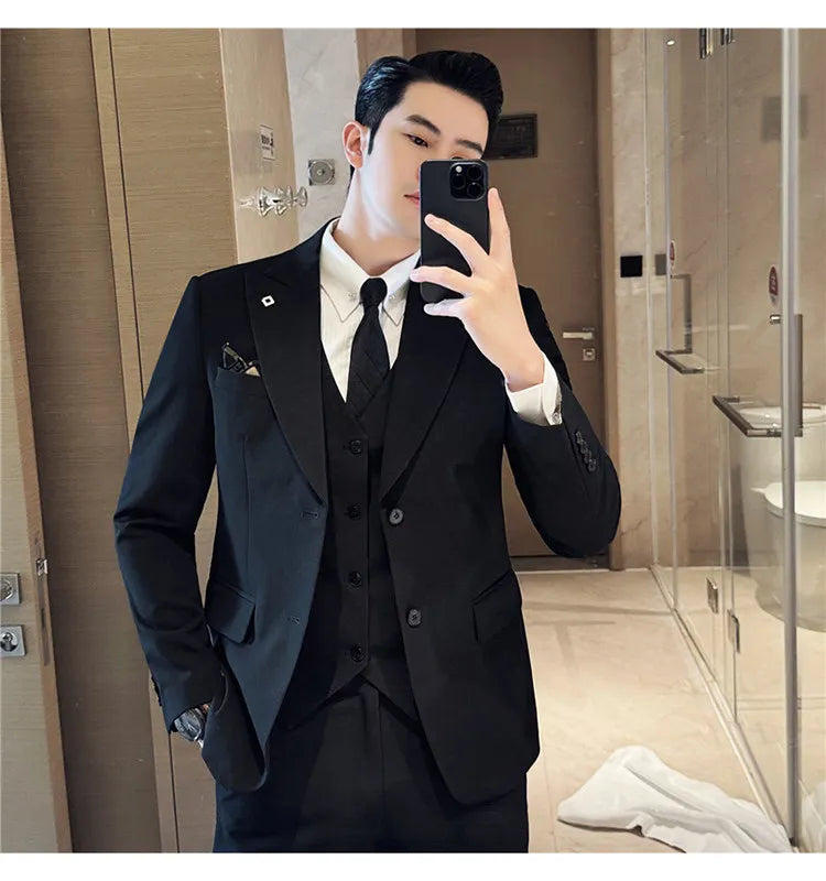 Men's 3 Piece Suit Set Double‑Button Solid Color Slim Fit Business Casual Wedding Banquet Party Jacket Vest Pants Formal Outfit