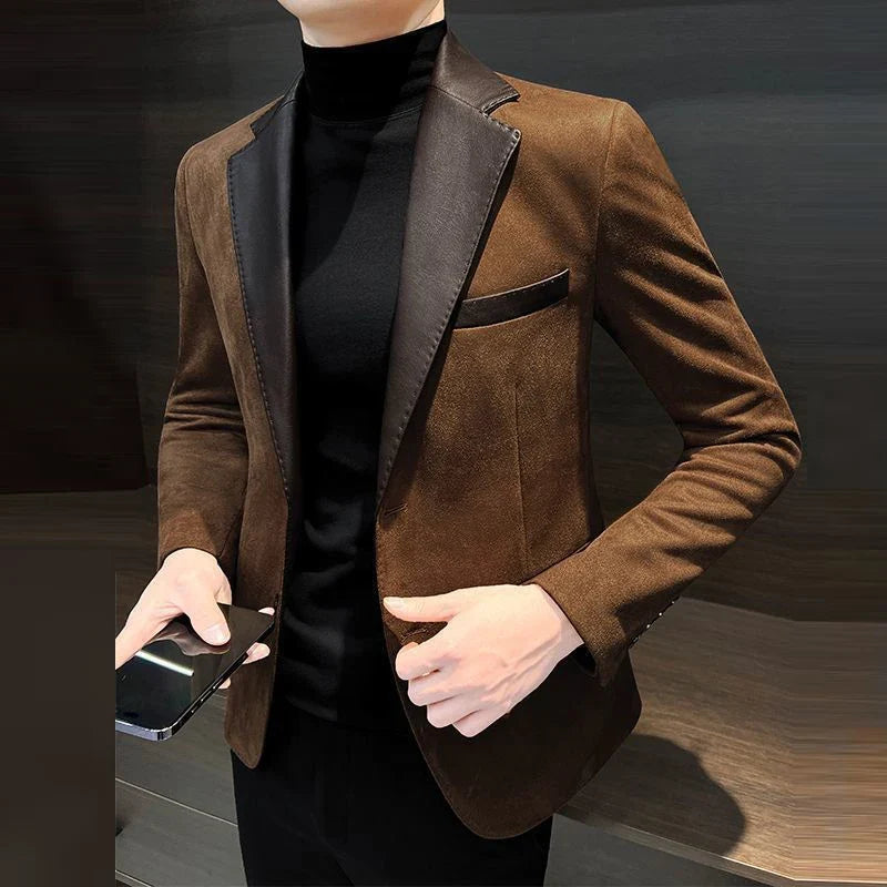 KIDWHXR Men Blazer Vintage Simple Solid Patchwork Male Suit Jacket Slim Single-breasted Long Sleeve Man Casual Outerwear