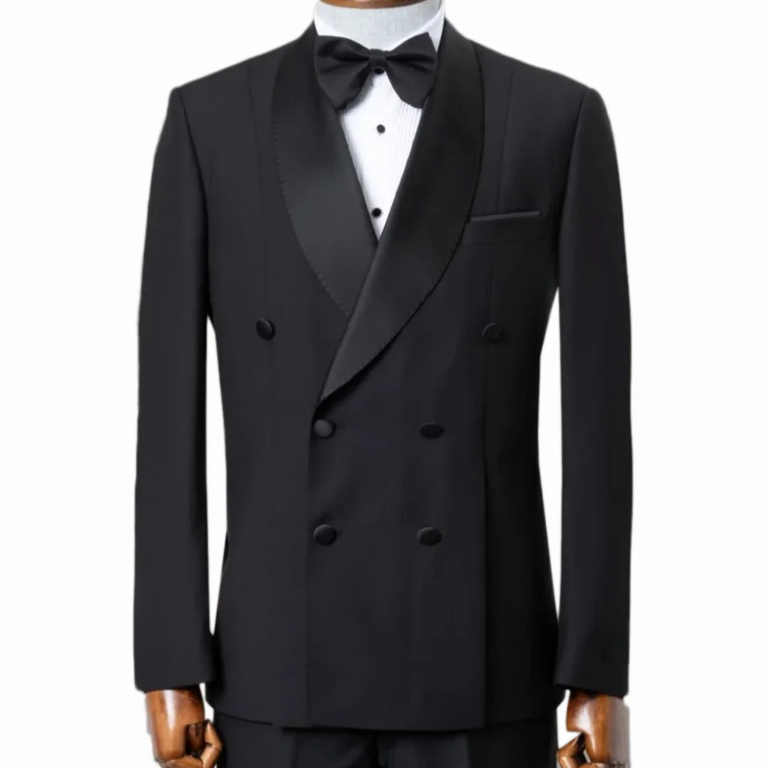 Men Suit 2 Pieces Black With Bright Lapel Double Button Business Daily For Wedding Groom Banquet Work Office Jacket And Pants