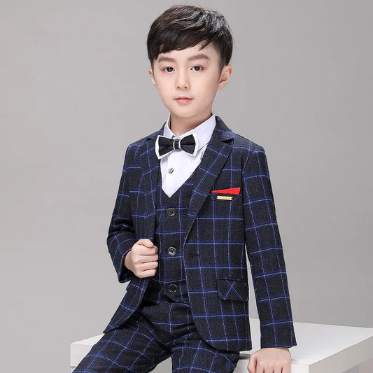 Clearance Stock sale Boys Spring Plaid 3Pieces/Set Jacket Vest Pants Photography Suit Kids Wedding Party Dress Children Costume