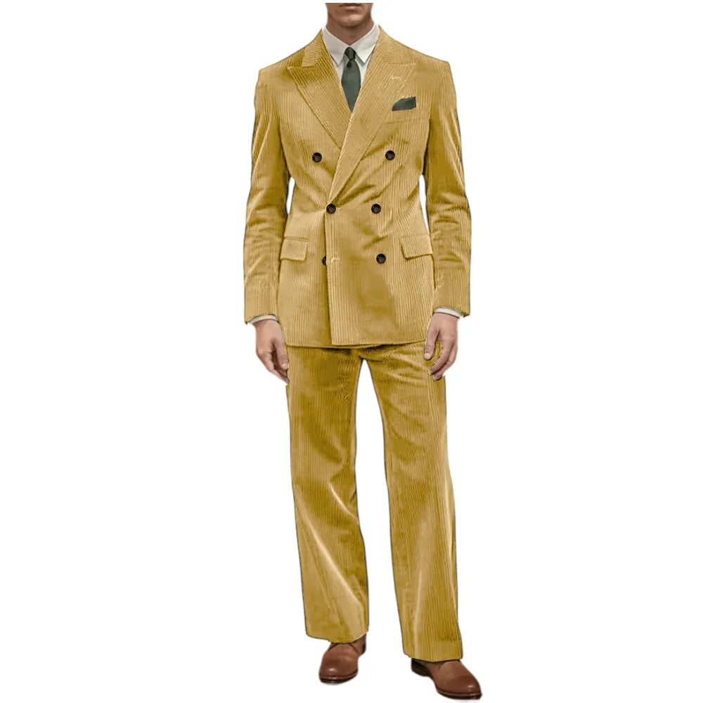 Men's Corduroy Suit 2 Piece Retro Double Breasted Peak Lapel Blazer Straight Leg Pants Formal Set Business Casual Wedding Party
