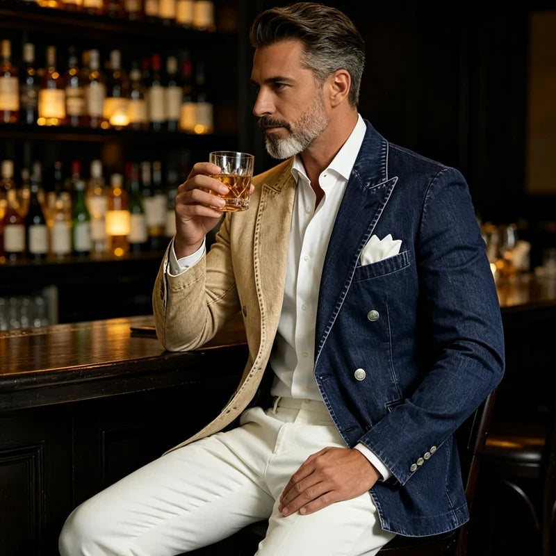 Men Spliced Denim Jacket Peak Lapel Double Breasted Slim Fit Casual Blazer Outing Date Night Trendy Party Fashion Costume Homme