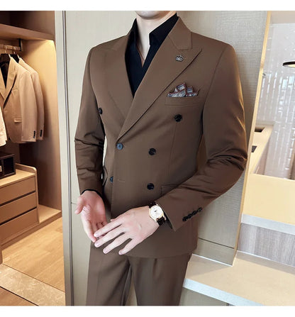 (Blazer + Trousers) Fashion Double Breasted Design Slim Men's Suit Italian Style Luxury Wedding Social Party Tuxedo 2 Piece Set