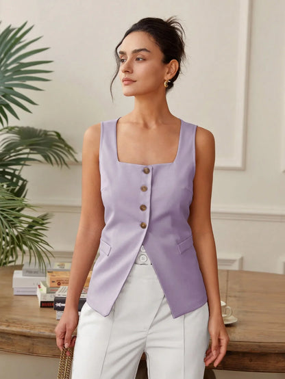 Summer temperament commuter vest vest solid color waistband square collar wide shoulder waistcoat
