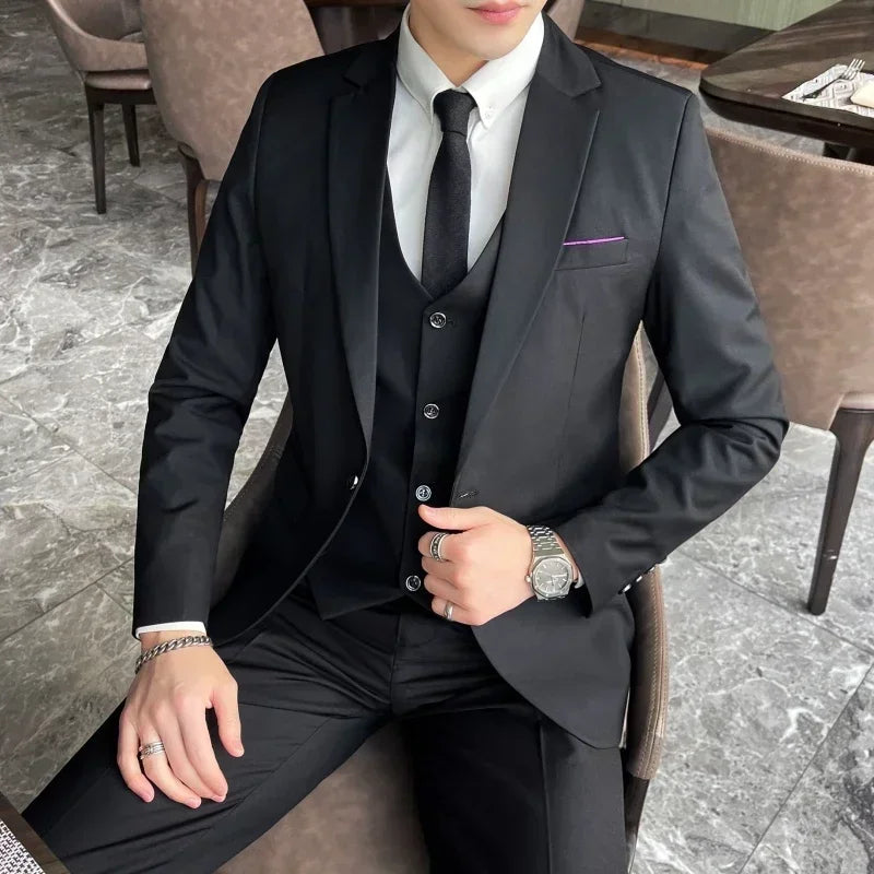 Men's 3-Piece Formal Suit | Smart Casual Blazer, Vest & Pants | Korean Business Style