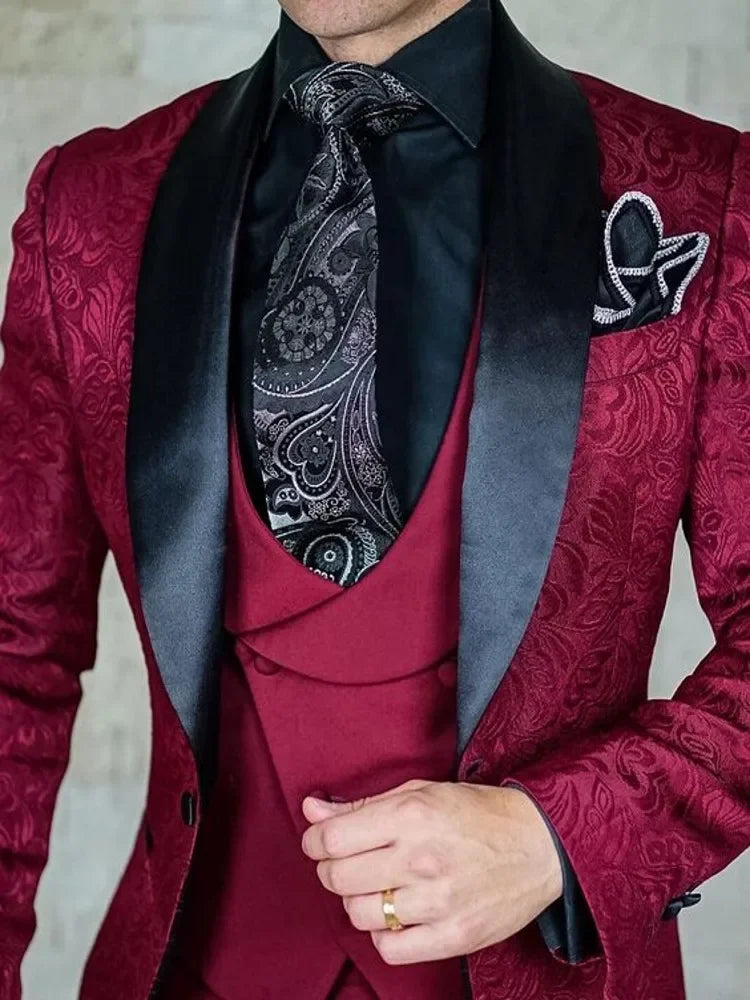 Men wedding Suits Pattern and Black Groom Tuxedos Shawl Satin Lapel Groomsmen Wedding Best Man ( Jacket+Pants+Vest)