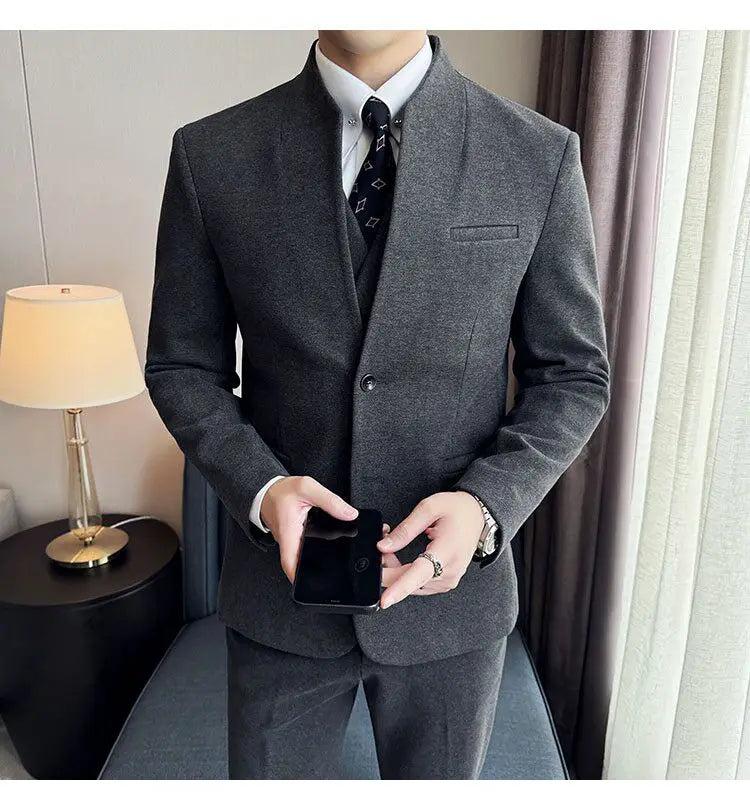 Men's 3-Piece Slim Fit Stand Collar Suit – Wedding, Prom & Office Formal Set