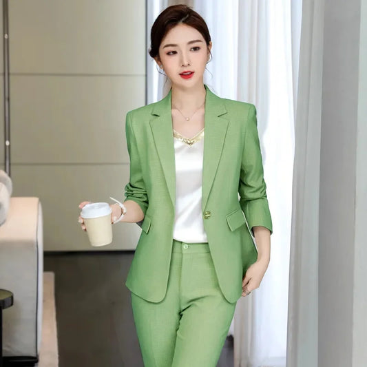 2025 New Ladies Blazer And Pant Suit Women Green Solid Formal Jacket Trouser Female Business Work Wear 2 Piece Set Outfit