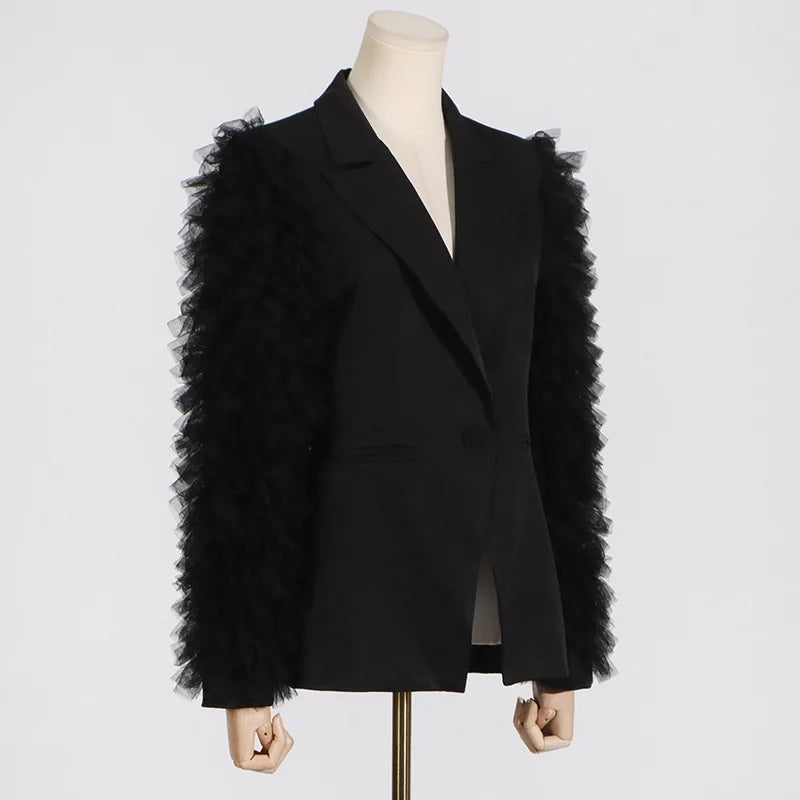 Spring Autumn New Women Blazer Notched Collar Single Button Patchwork Pleated Mesh Long Sleeve Elegant Fashion Coat HK18270
