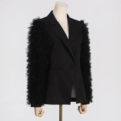 Spring Autumn New Women Blazer Notched Collar Single Button Patchwork Pleated Mesh Long Sleeve Elegant Fashion Coat HK18270