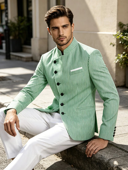 Men Mandarin Collar Suit Jacket Stand Collar Asymmetrical Single Breasted Men Blazer Slim Fit Business Formal Coat For Business
