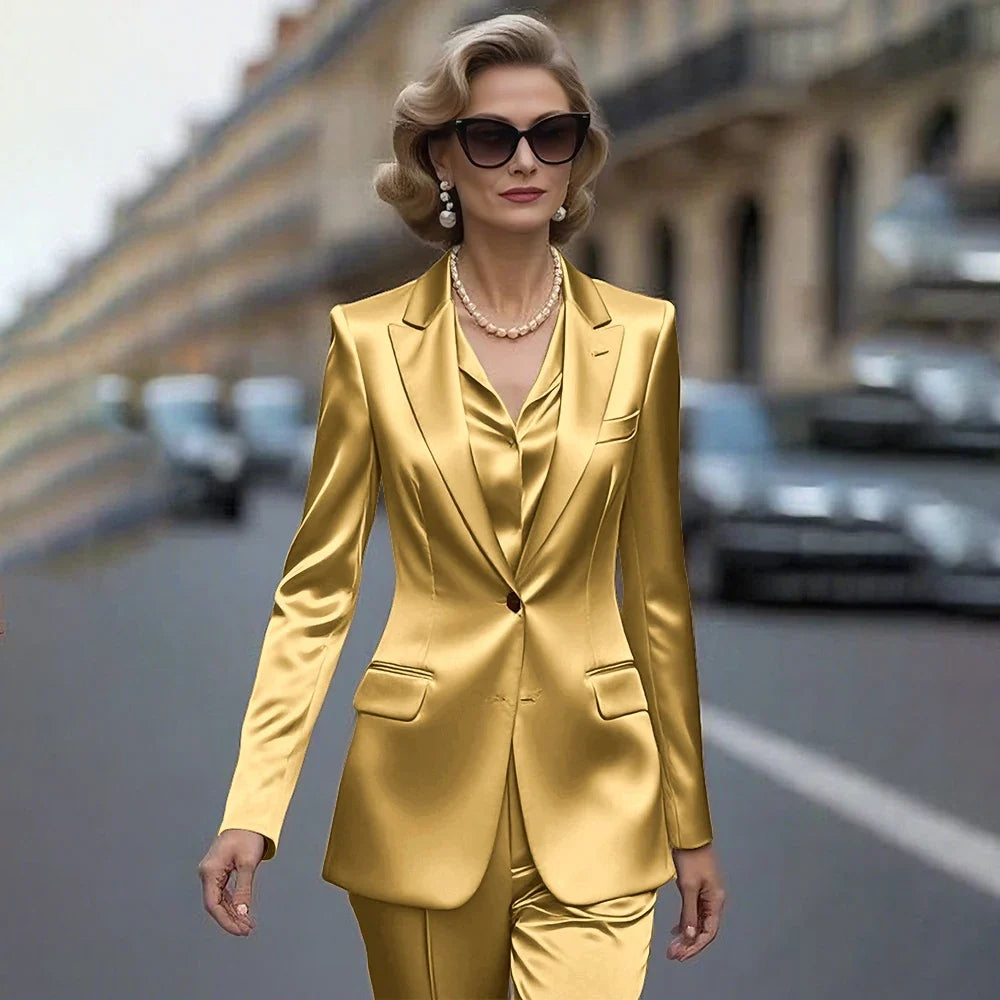 Women's Gold Satin Blazer Suit Set Stylish Single-Breasted Jacket+Pants Luxe Shiny Two-piece for Cocktail Party Wedding Guest