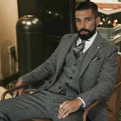 Men's Gray Herringbone 3-Piece Suit – Slim Fit Formal Blazer, Vest & Trousers for Business, Wedding & Banquet