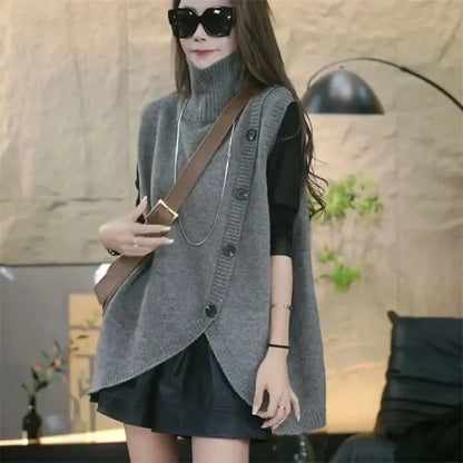 Women Large Size 4XL Knit Waistcoat Coat Ladies Irregular Sweater Vest Tops Autumn Female High Collar Sleeveless  ﻿