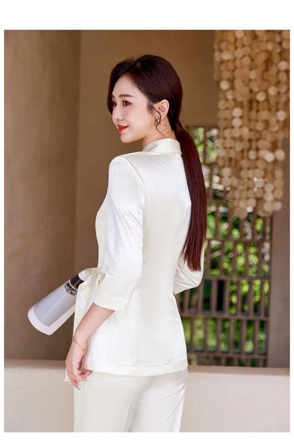 Designer Splicing Women Senior Luxurious Blazer Suit Pants Set Soft Satin Silk Office Lady Solid Coat Big Size Elegant Jacket