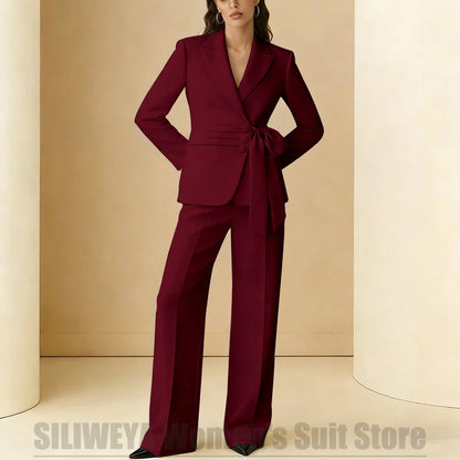 Women's Suit 2 Piece Bow Belt Design Formal Outfit for Wedding Party Prom Office Fashion Peak Lapel Daily Casual Lady Suits