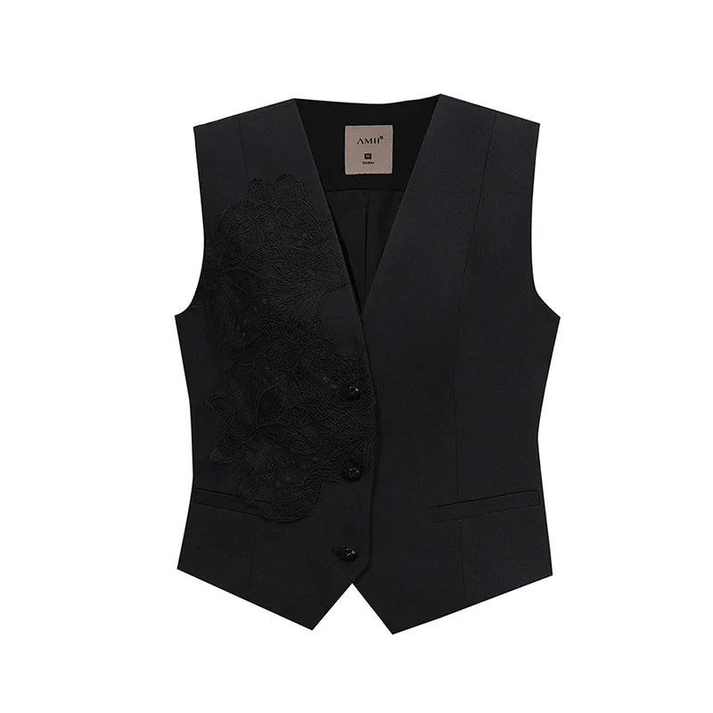 Women's Vest Top 2026 Summer New V Neck Sleeveless Lace Splicing Vest Elegant Office Straight Short Tank For Women 12622027