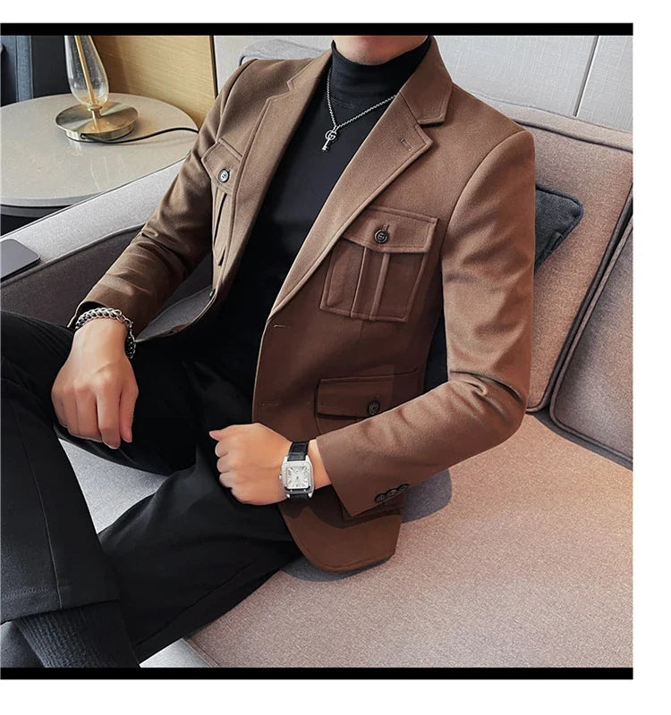 Winter Woolen Suit Jacket for Men Multiple Pockets Slim Fit Casual Business Blazers Masculino Wedding Streetwear Social Coats