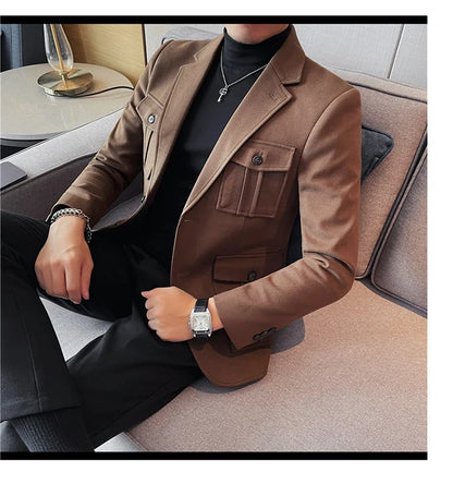Winter Woolen Suit Jacket for Men Multiple Pockets Slim Fit Casual Business Blazers Masculino Wedding Streetwear Social Coats