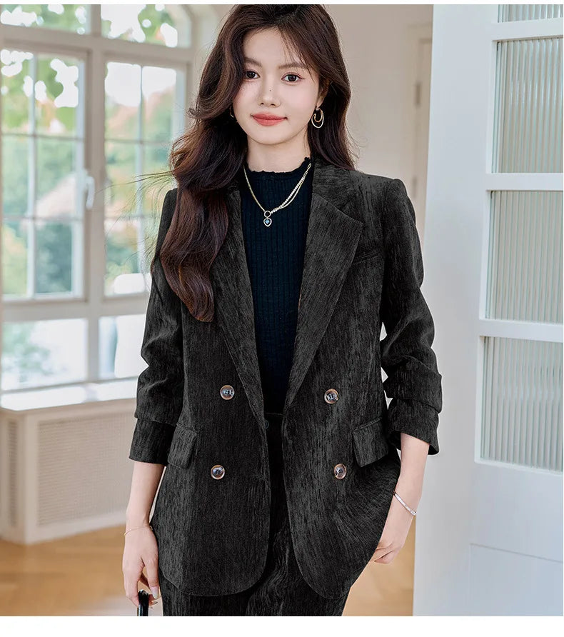 Pleuche Women Suits Office Sets 2024 Autumn New Fashion Notched Double Breasted Blazers Vintage Casual Wide Leg Pants Suits