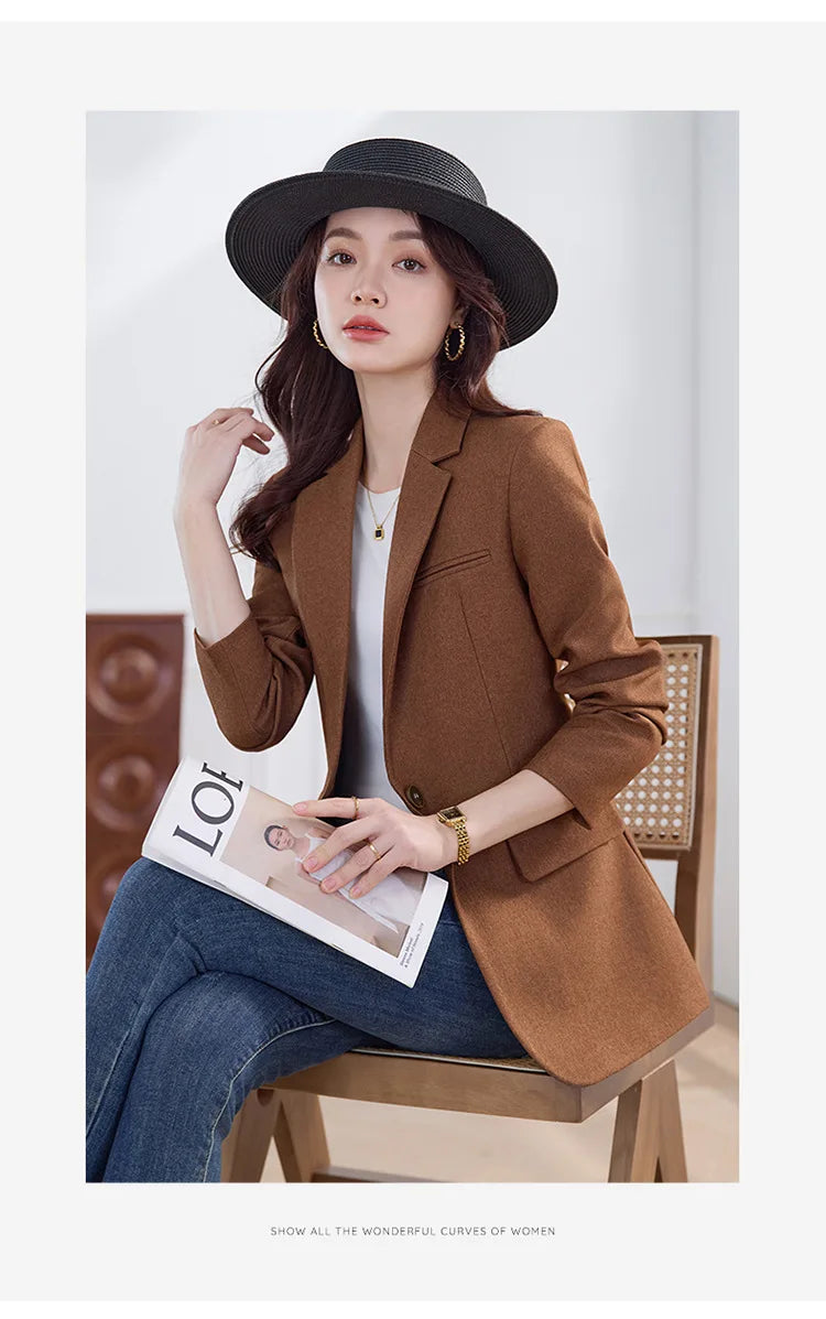 Elegant Solid Women's Blazer Long Sleeve Turn down Collar Slim Fit Office Jacket Single Button Spring Autumn Fashion