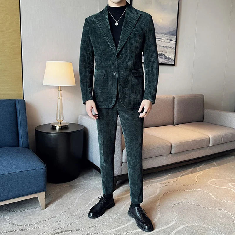 ( Jacket+Pants) Men Corduroy Suit Two-Piece Set High Quality Italian Style Business Suit Luxury Men Formal Wedding Groom Tuxedos
