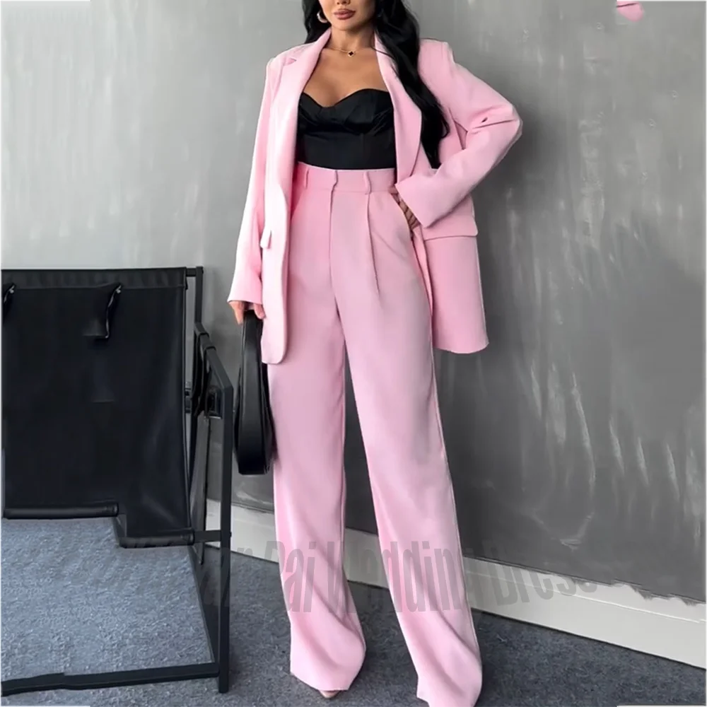 Pink 2 Pieces Women Suits Notch Lapel Jacket And Straight Leg Pants Oversized Office Formal Business Ladies Matching Set