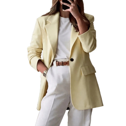 Women's Single-Button Loose Fit Suit Jacket Trans-seasonal Yellow Collar Commute Casual Polyester Fabric Fashionable