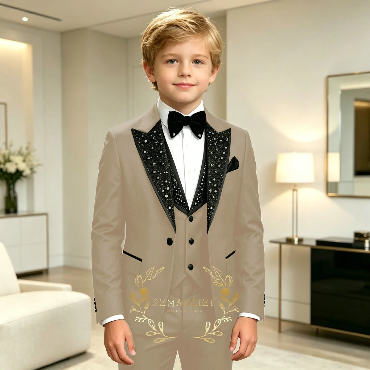 Classic Suits for Boys Black Crystals 3-Piece Fashion Stylish Boy's Tuxedo Formal For Party Outfit For Kids Blazer Vest Pant
