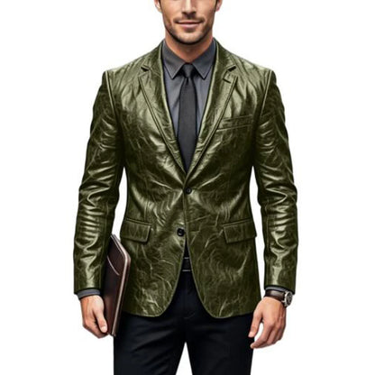 Vintage Wrinkled Men's PU Leather Blazer Slim Fit Notched Lapel Business Suit Jacket Two Button Casual Sport Coats for Office