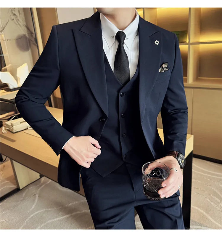 Men's 3 Piece Suit Set Double‑Button Solid Color Slim Fit Business Casual Wedding Banquet Party Jacket Vest Pants Formal Outfit