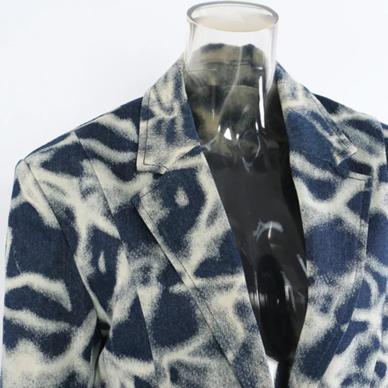 2026 Spring Autumn New Women's Blazer Tie-dye Single Button Pockets Waist Cinching Elegant Coats Retro Denim Jacket HK18495