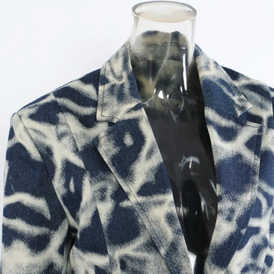 2026 Spring Autumn New Women's Blazer Tie-dye Single Button Pockets Waist Cinching Elegant Coats Retro Denim Jacket HK18495