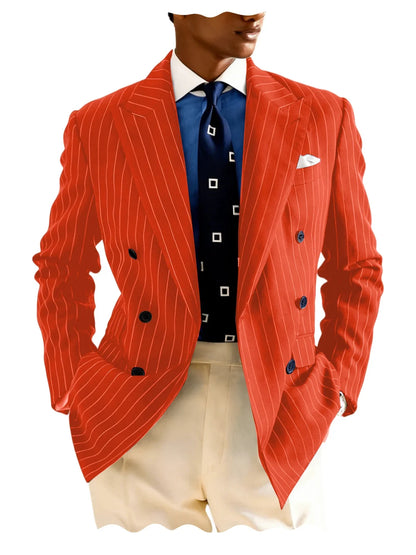 Navy Blue Striped Pattern Business Suit Jacket Double Breasted Slim Fit Blazer Casual Formal Attire Office Groom's Wedding Dress