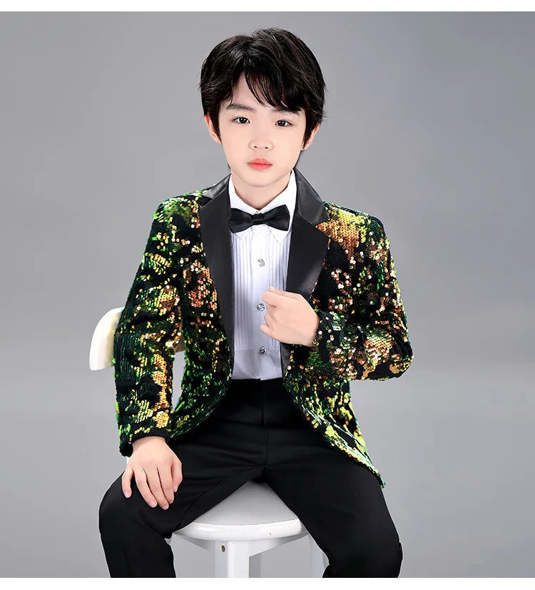 Kids Piano Wedding Birthday Tuxedo Dress Children's Shining Sequins Stage Show Photography Suit Boys Performance Costume