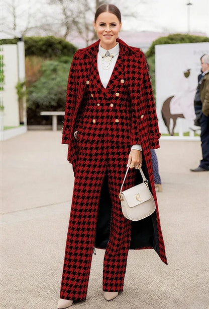 Chic Houndstooth Women Suits 3 Piece & Only Jacket Peak Lapel Formal Casual Prom Party Pants Sets Long Coat Blazer Pants