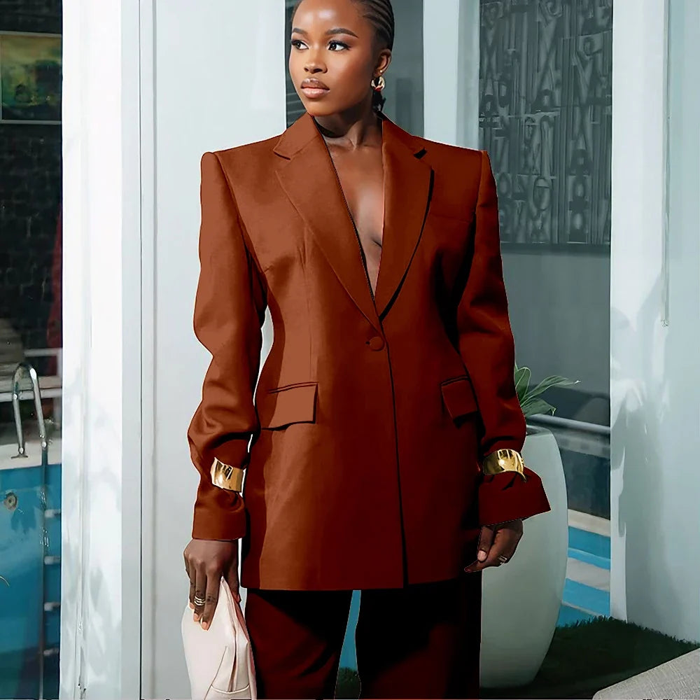 Elegant Women's Suit Autumn New Red Clothing Single Button Notch Lapel Blazer Pant Sets Formal Slim Fit Office Party Outerwears
