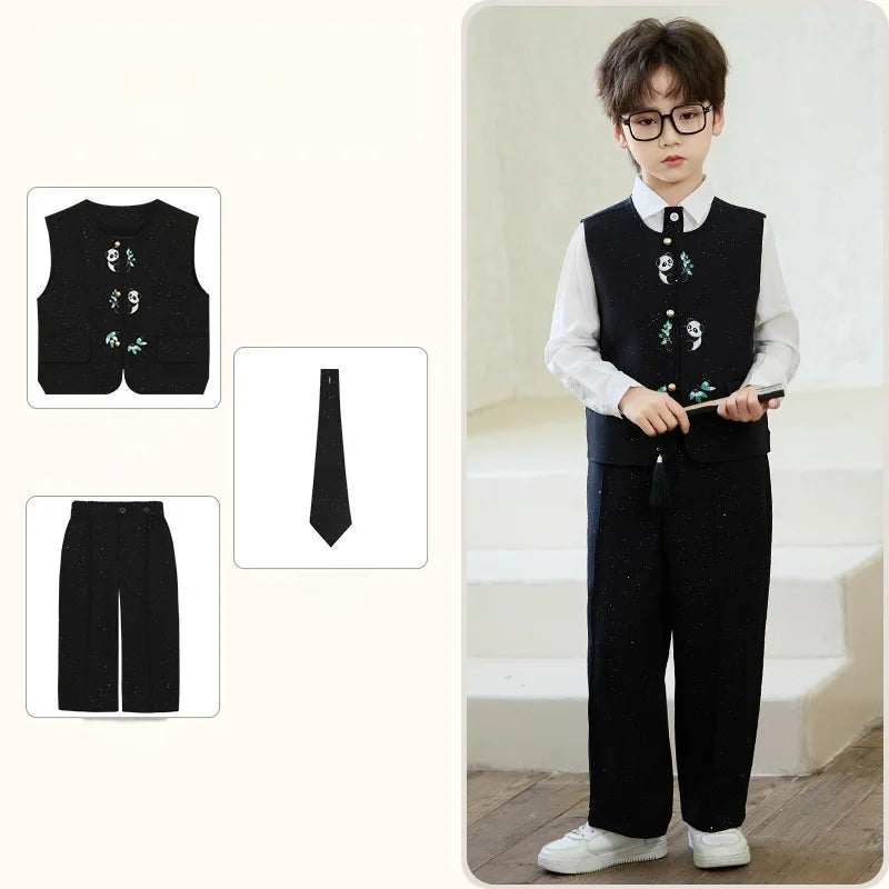 90-160 Kids New Chinese Tang Suit Hanfu Embroidery Suit Flower Boys Host Recitation Performance Costume