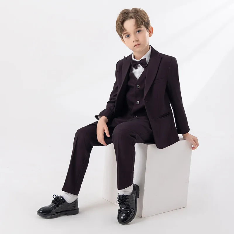 Children Navy Blue Spring 4Piece/Set Jacket Vest Pants Bowtie Piano Dress Kids Ceremony Photograph Suit Boys Performance Costume