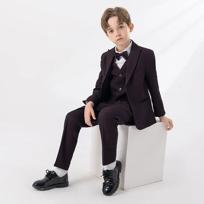 Children Navy Blue Spring 4Piece/Set Jacket Vest Pants Bowtie Piano Dress Kids Ceremony Photograph Suit Boys Performance Costume